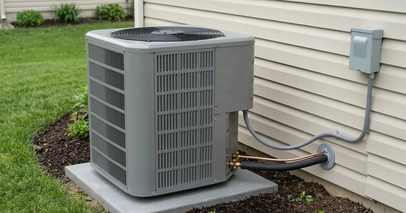 Outdoor air conditioner condenser on a concrete pad beside a house