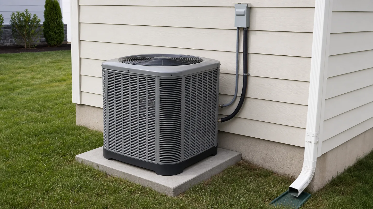 An outdoor AC condenser on a concrete pad beside a house wall