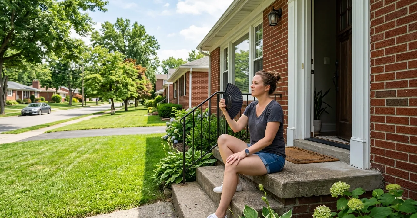 A person fanning themselves on the front steps of a brick house