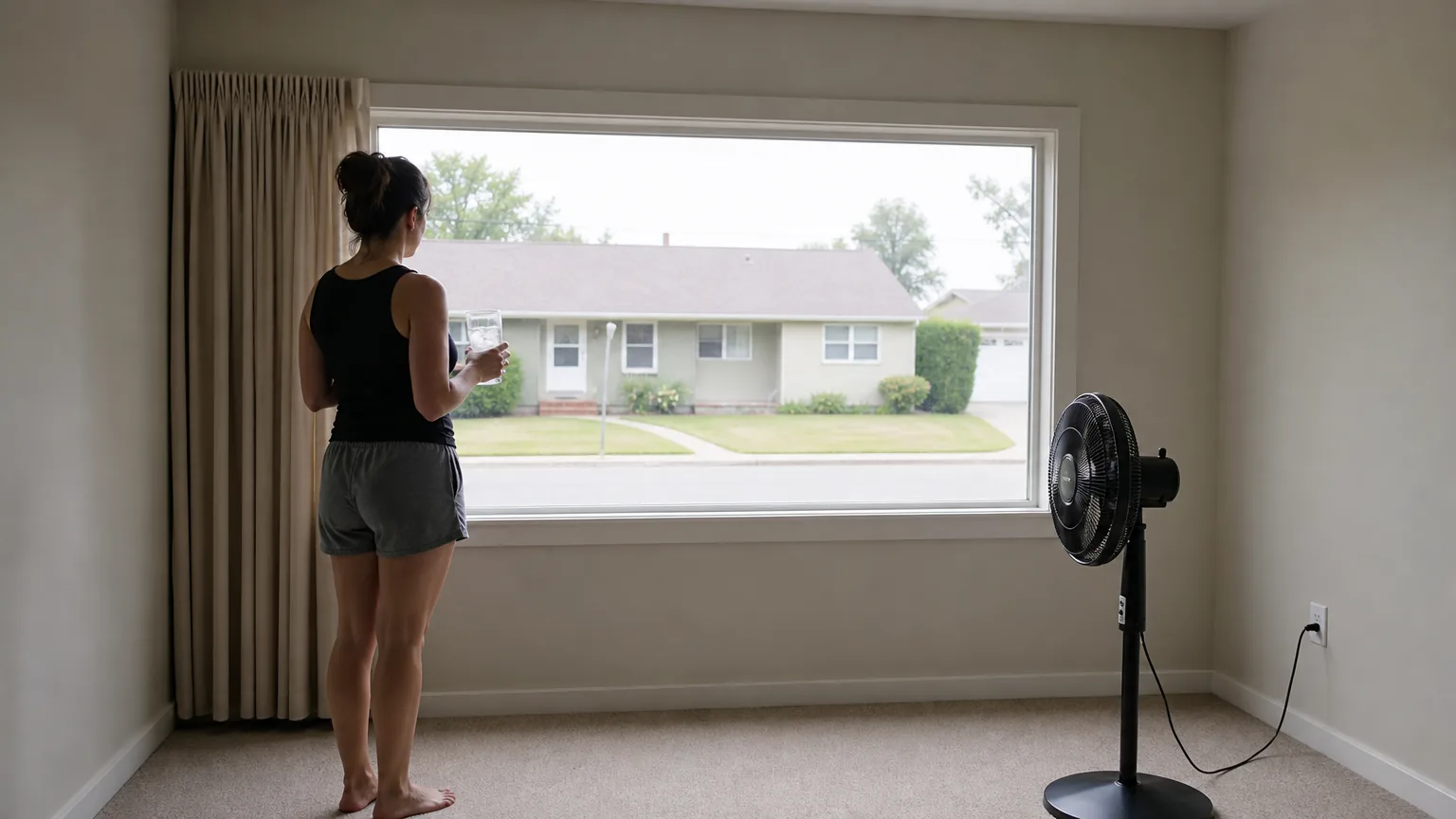 Woman at a living room window beside a pedestal fan