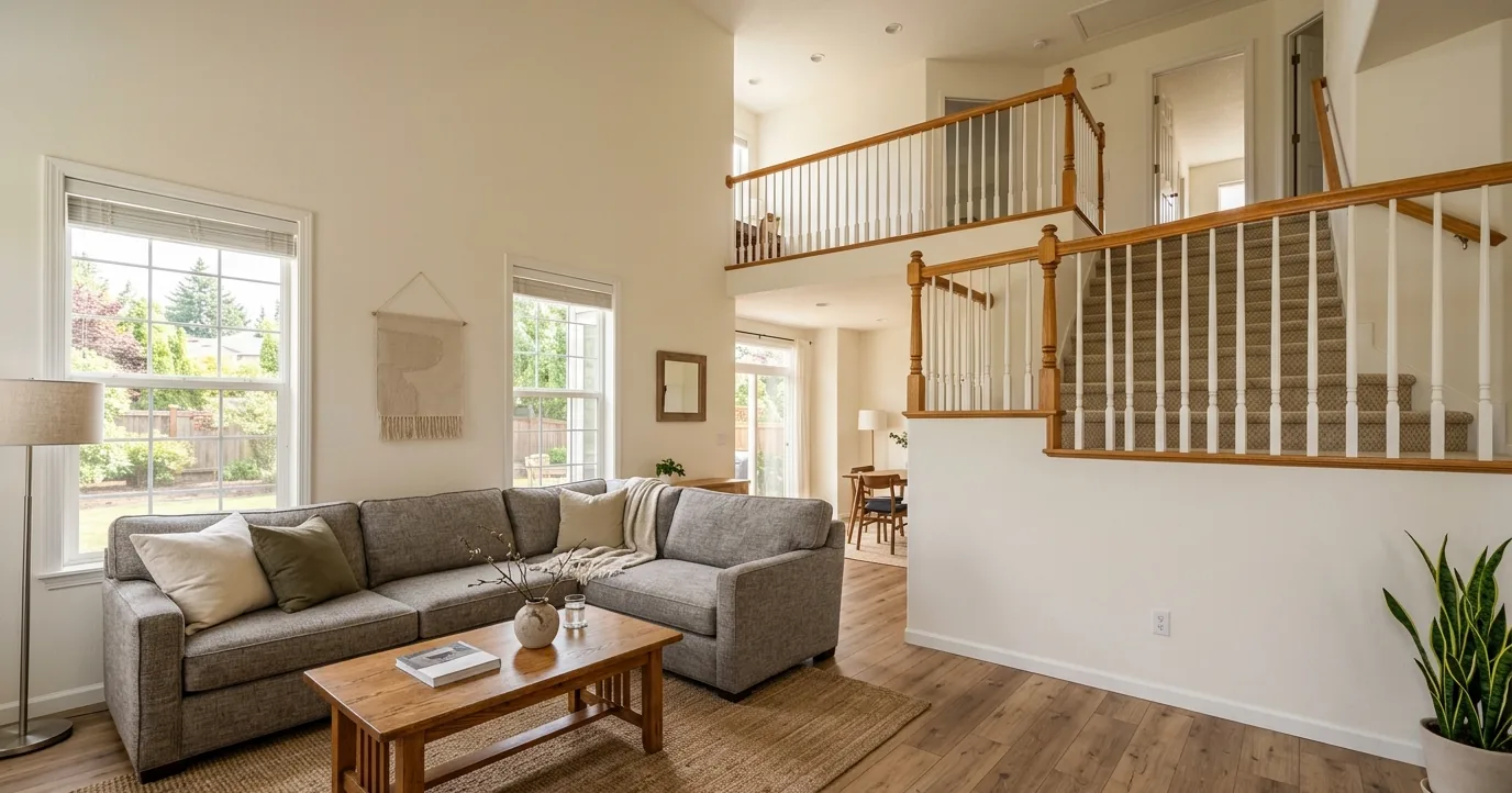 Open living room with a staircase rising to a second-floor landing