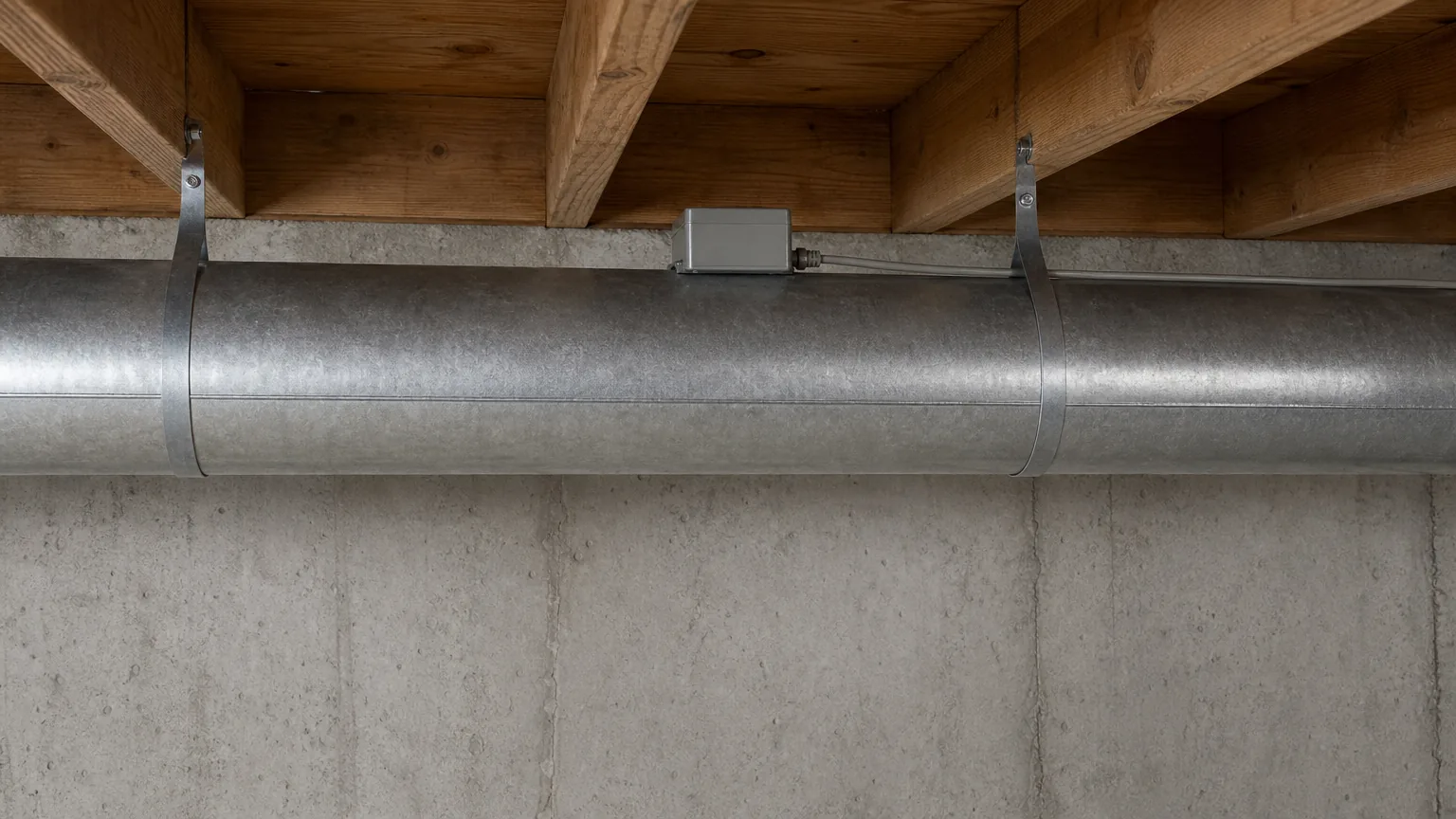 Round metal duct with a zone damper actuator in a basement