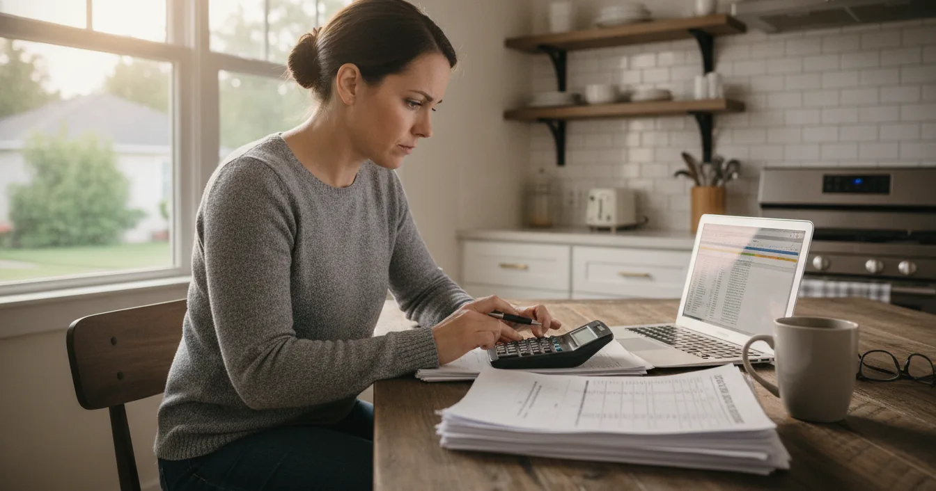 A homeowner reviewing a printed HVAC replacement estimate at a kitchen table next to a calculator and a laptop.
