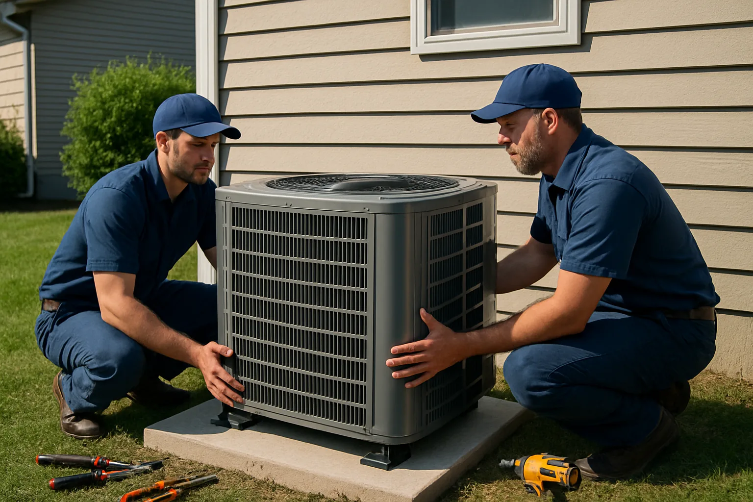 Two HVAC technicians installing a new outdoor heat pump condenser unit on a concrete pad beside a suburban home on a clear day.