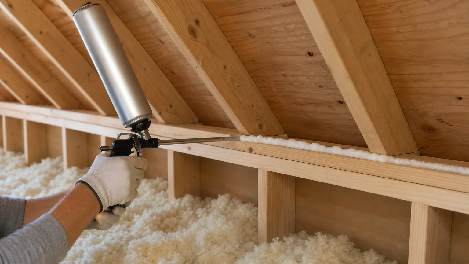 Person applying spray foam along attic framing