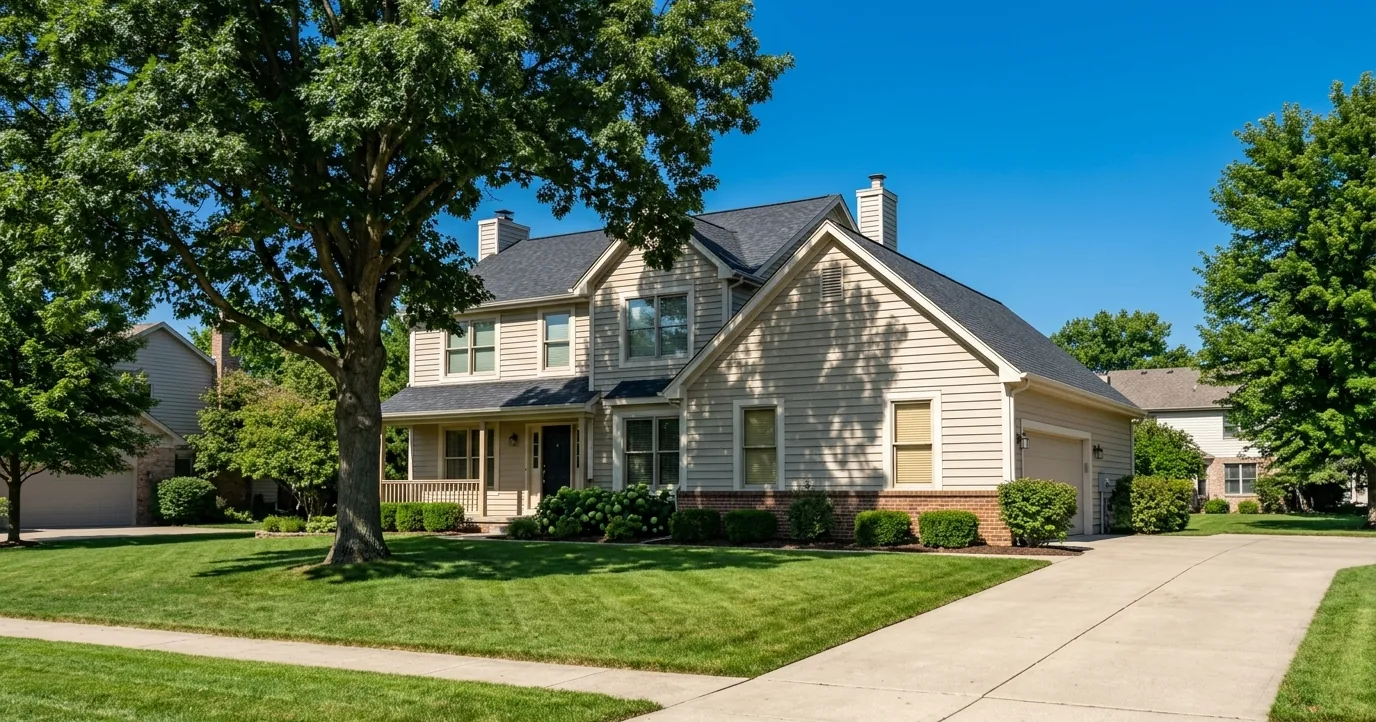 Two-story house with a large shade tree across the front