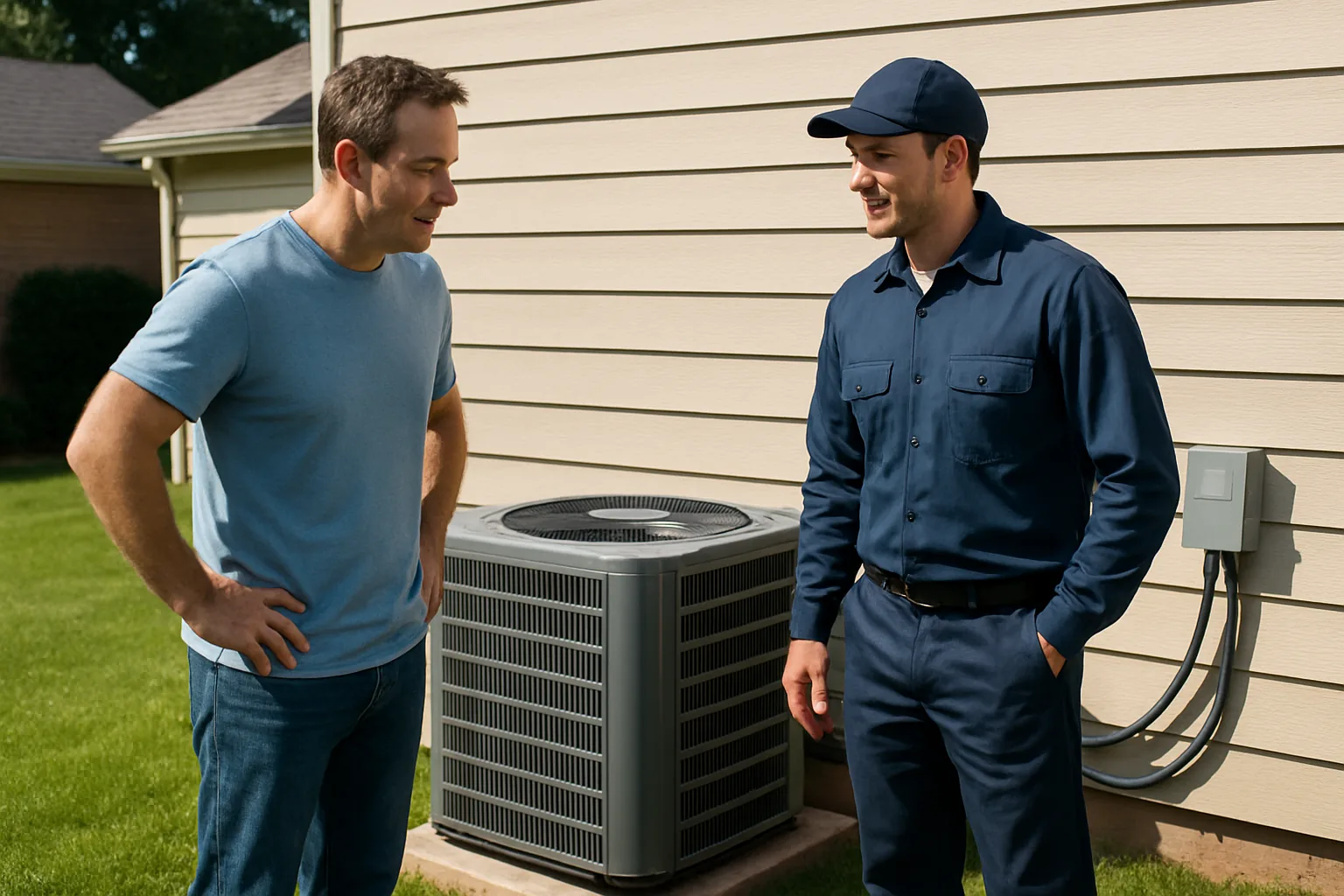 Homeowner and technician beside an outdoor AC unit