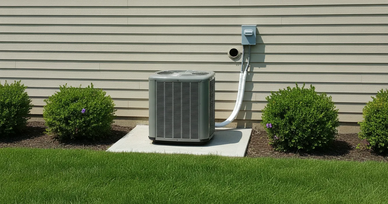 Outdoor condenser unit on a pad beside a house