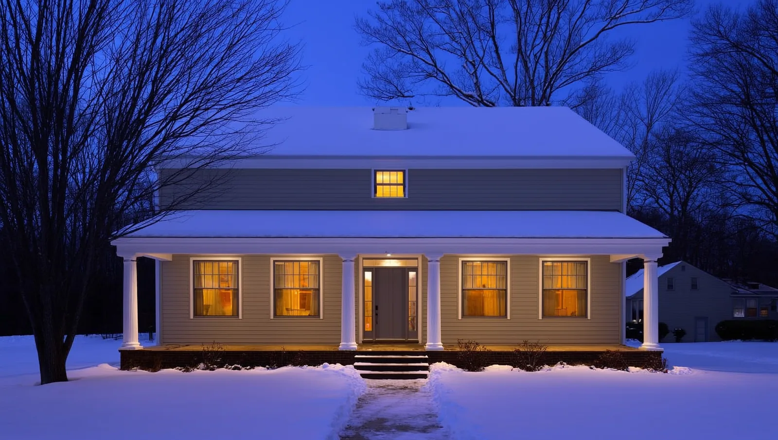 Snow covered house at dusk with lit windows
