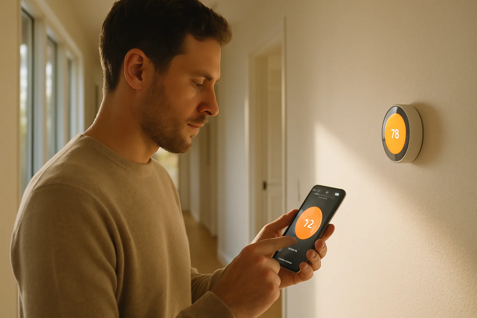 A homeowner adjusting their home heating and cooling from a smart thermostat app on a smartphone, with a wall-mounted thermostat glowing in the background.