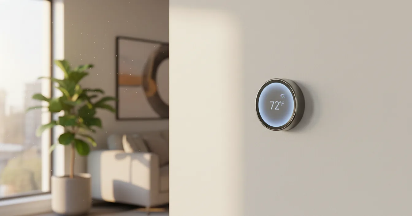 A modern round smart thermostat mounted on a wall, displaying the current room temperature in a sunlit living room.