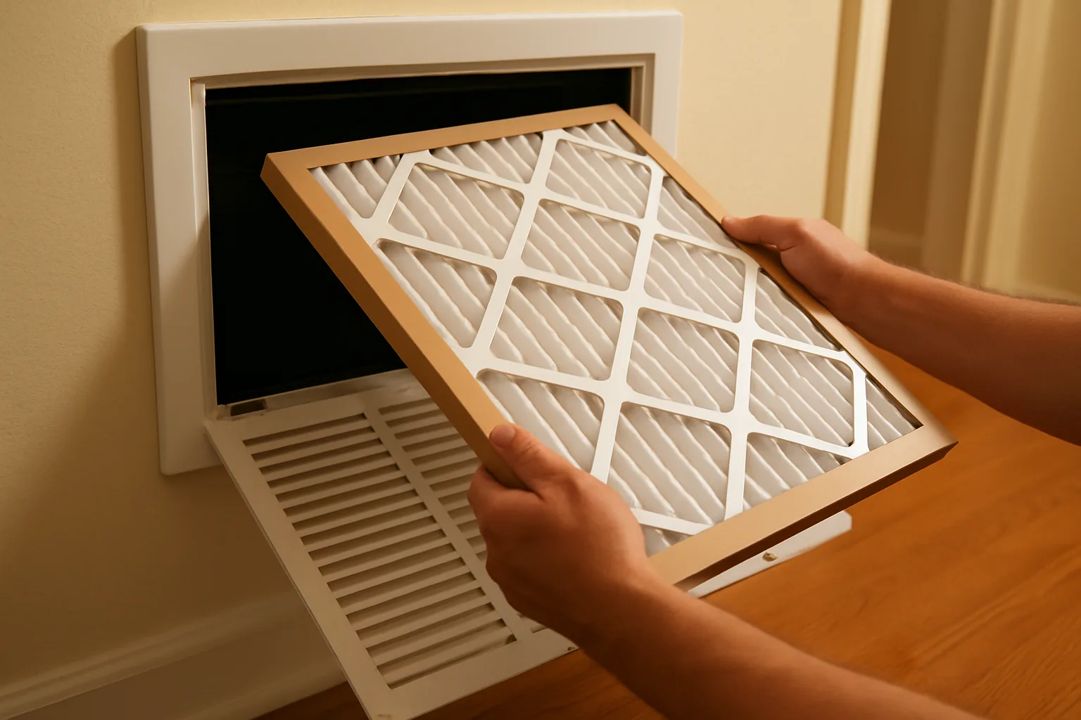 Hands sliding a clean white pleated air filter into a wall-mounted return air grille in a home hallway.