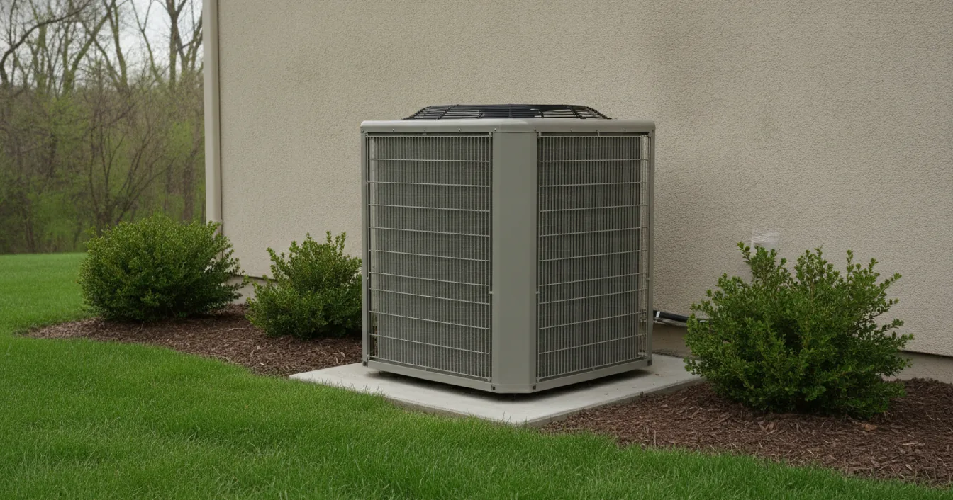 An outdoor air conditioning condenser on a concrete pad against a house wall, with a lawn and bare early spring trees behind it.
