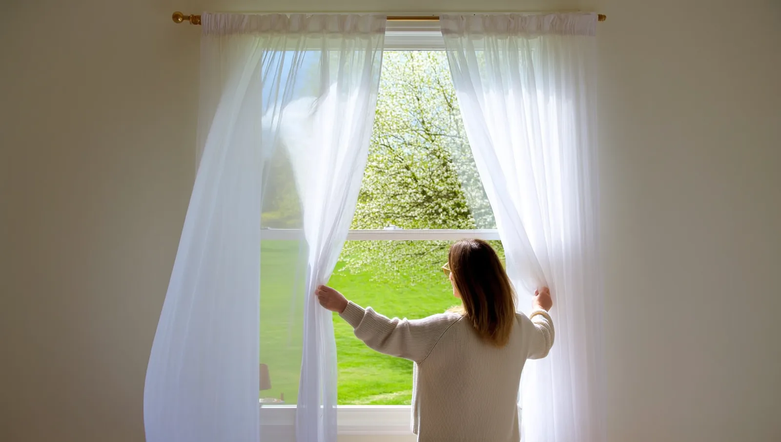 A homeowner in a light sweater opening a living room window on a mild spring day with sunlight coming through sheer curtains.