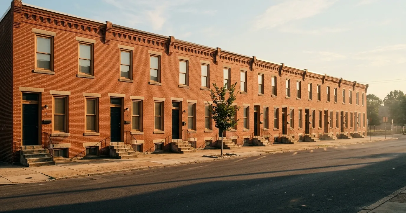 Brick rowhouses with stoops along a city street