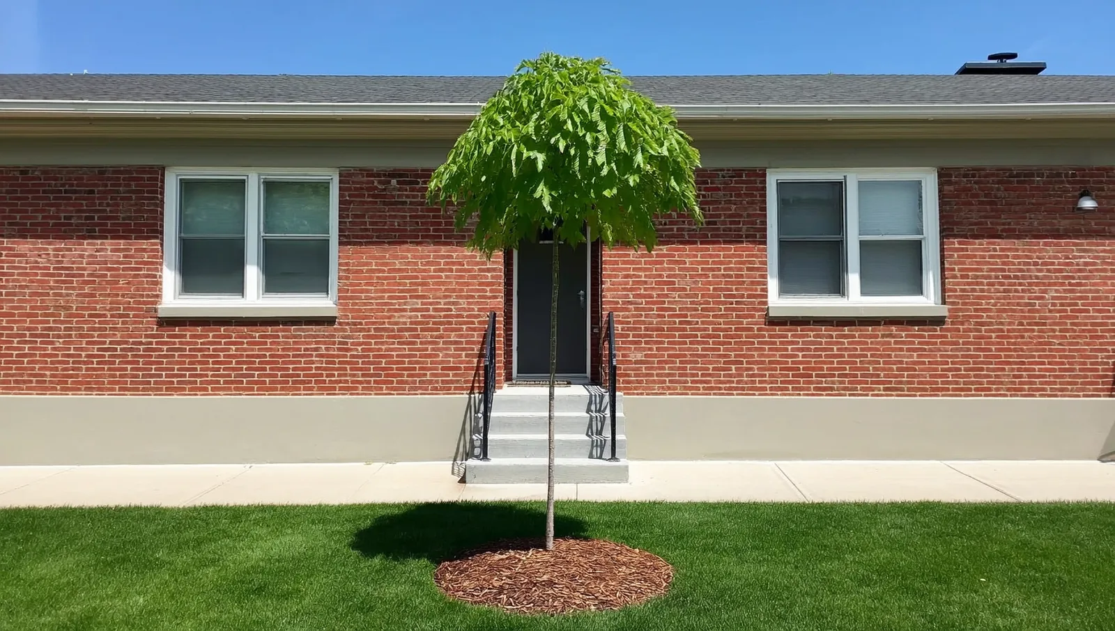 Young shade tree in front of a brick house