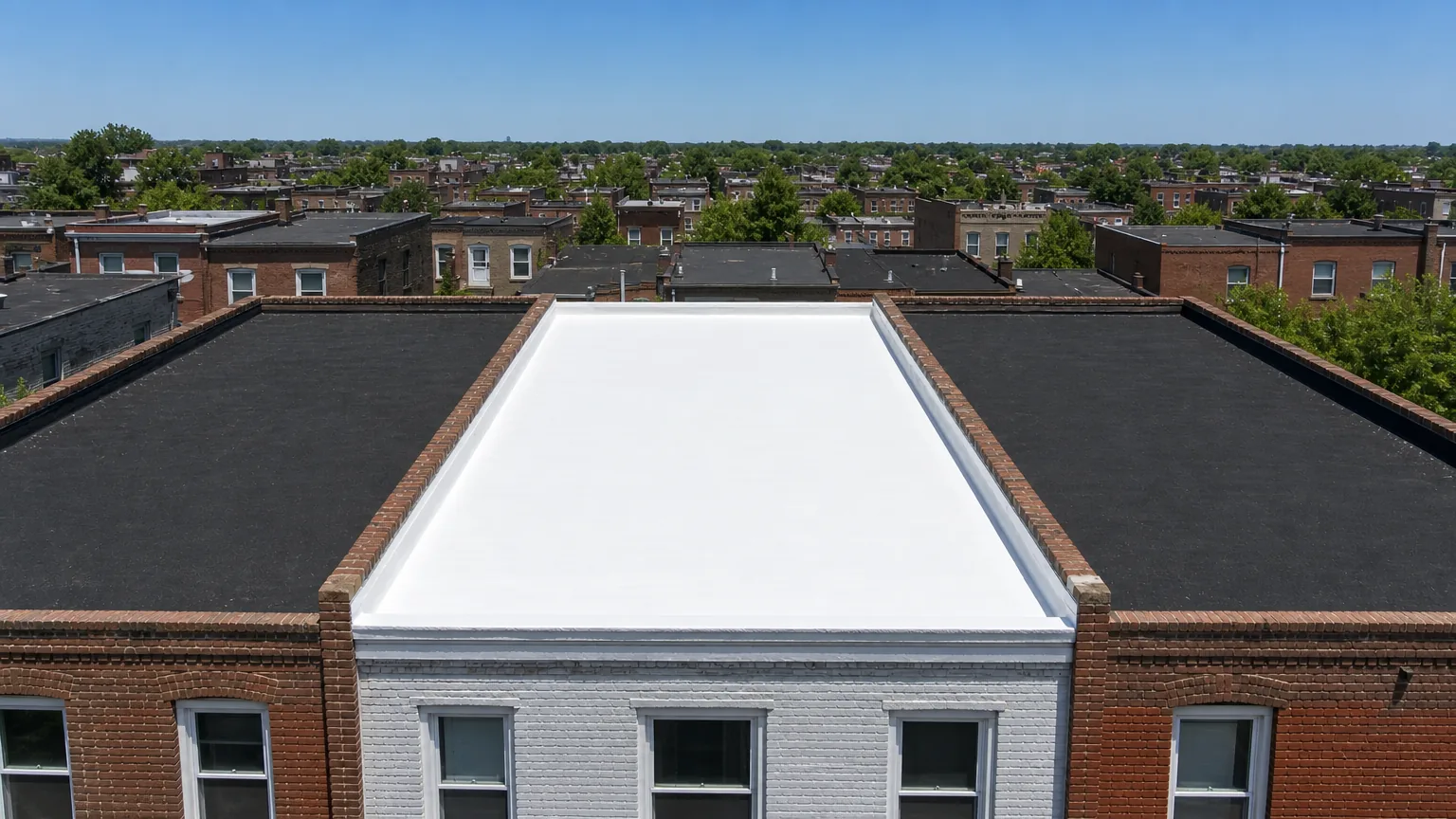 White coated rowhouse roof between two black roofs