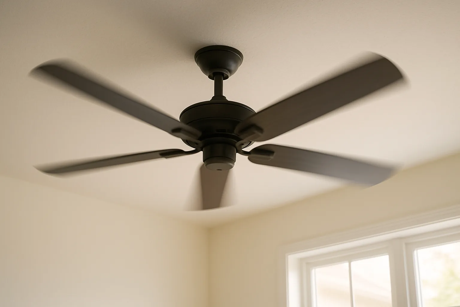 A modern ceiling fan turning in a bright room with pale walls and soft daylight from a nearby window.