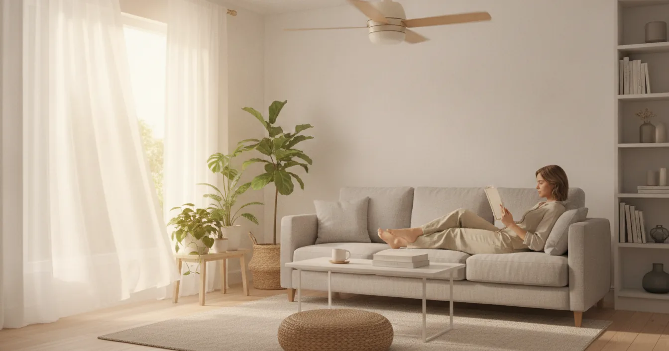 A person relaxing on a light gray sofa in a bright, airy living room with a ceiling fan overhead and sunlight streaming through sheer white curtains.