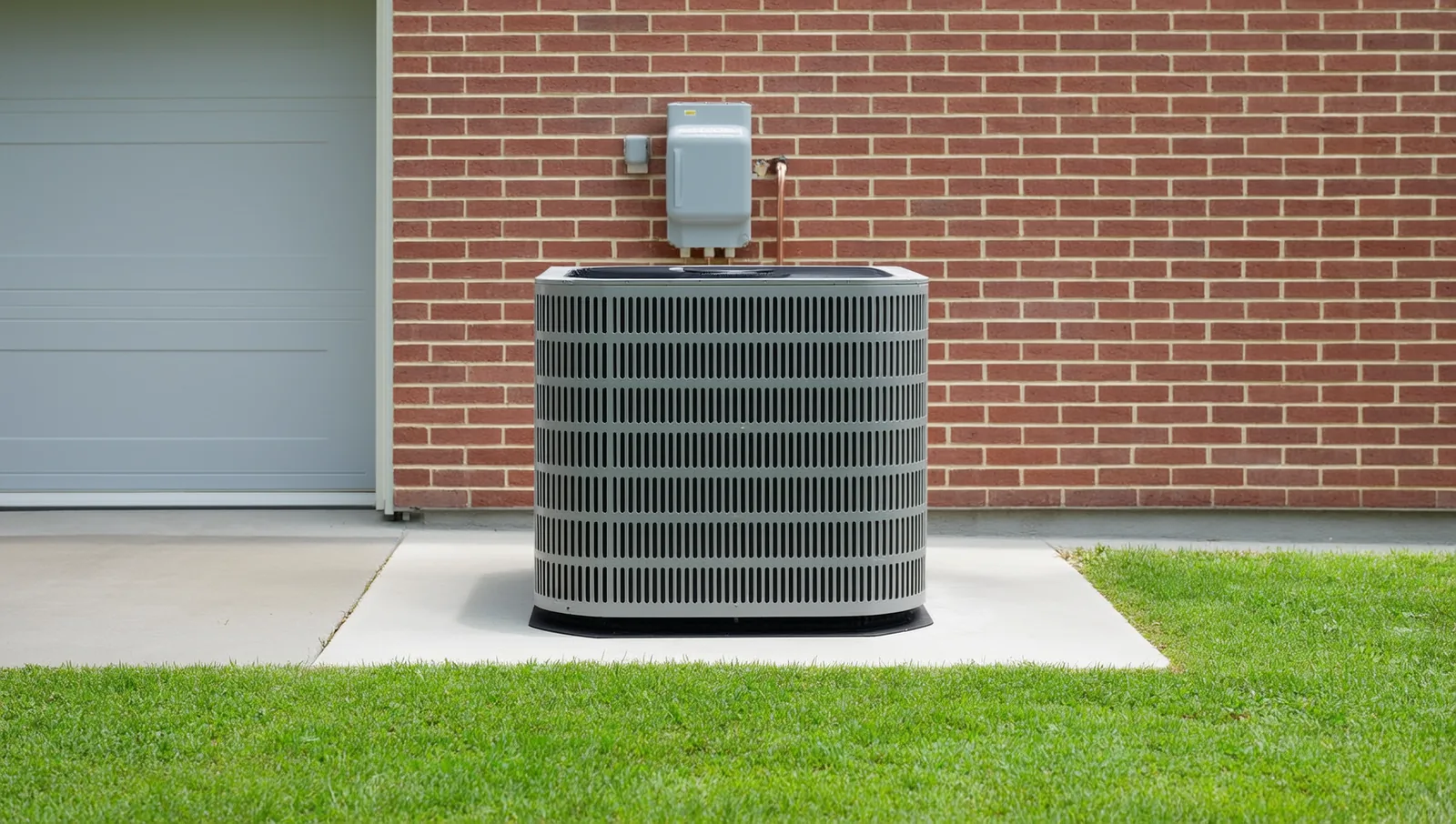 An outdoor air-conditioning condenser on a concrete pad against a brick house wall, with the electrical disconnect box and copper refrigerant line visible behind it.
