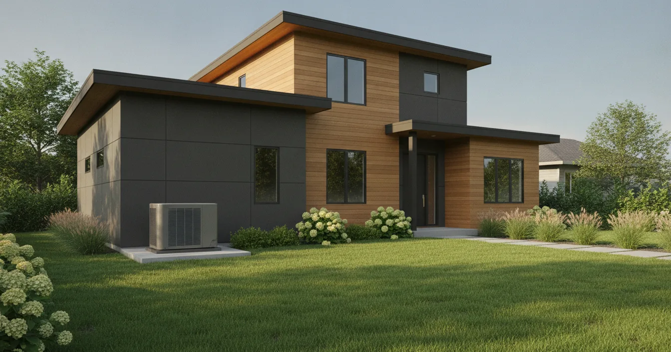 A modern suburban home on a clear day with an outdoor heat pump condenser unit beside the foundation.
