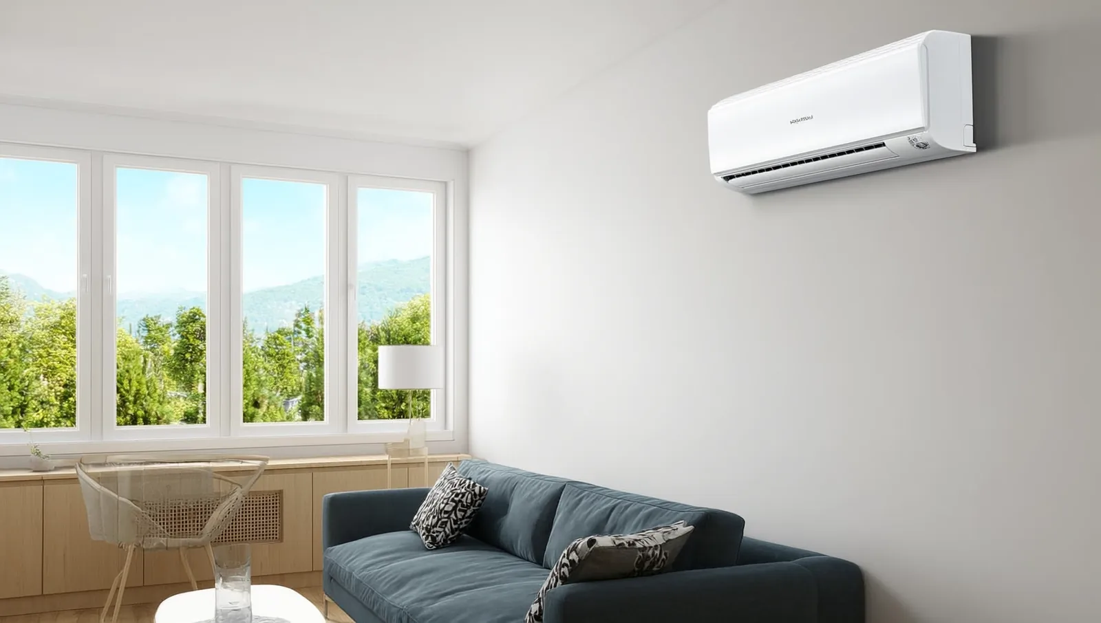 A wall-mounted ductless mini-split indoor head above a couch in a bright, modern living room.