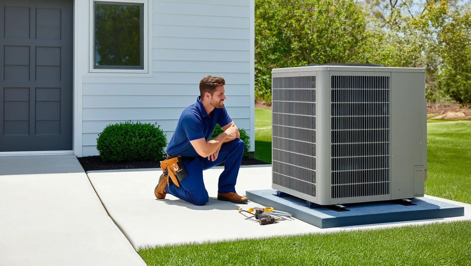 A technician installing an outdoor heat pump condenser unit on a concrete pad beside a suburban home.