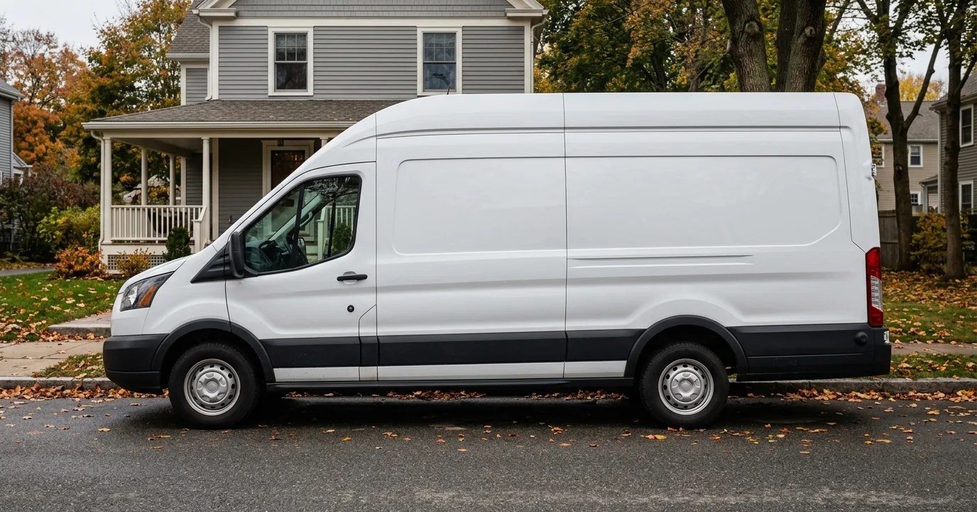 Plain white work van parked at the curb outside a suburban house