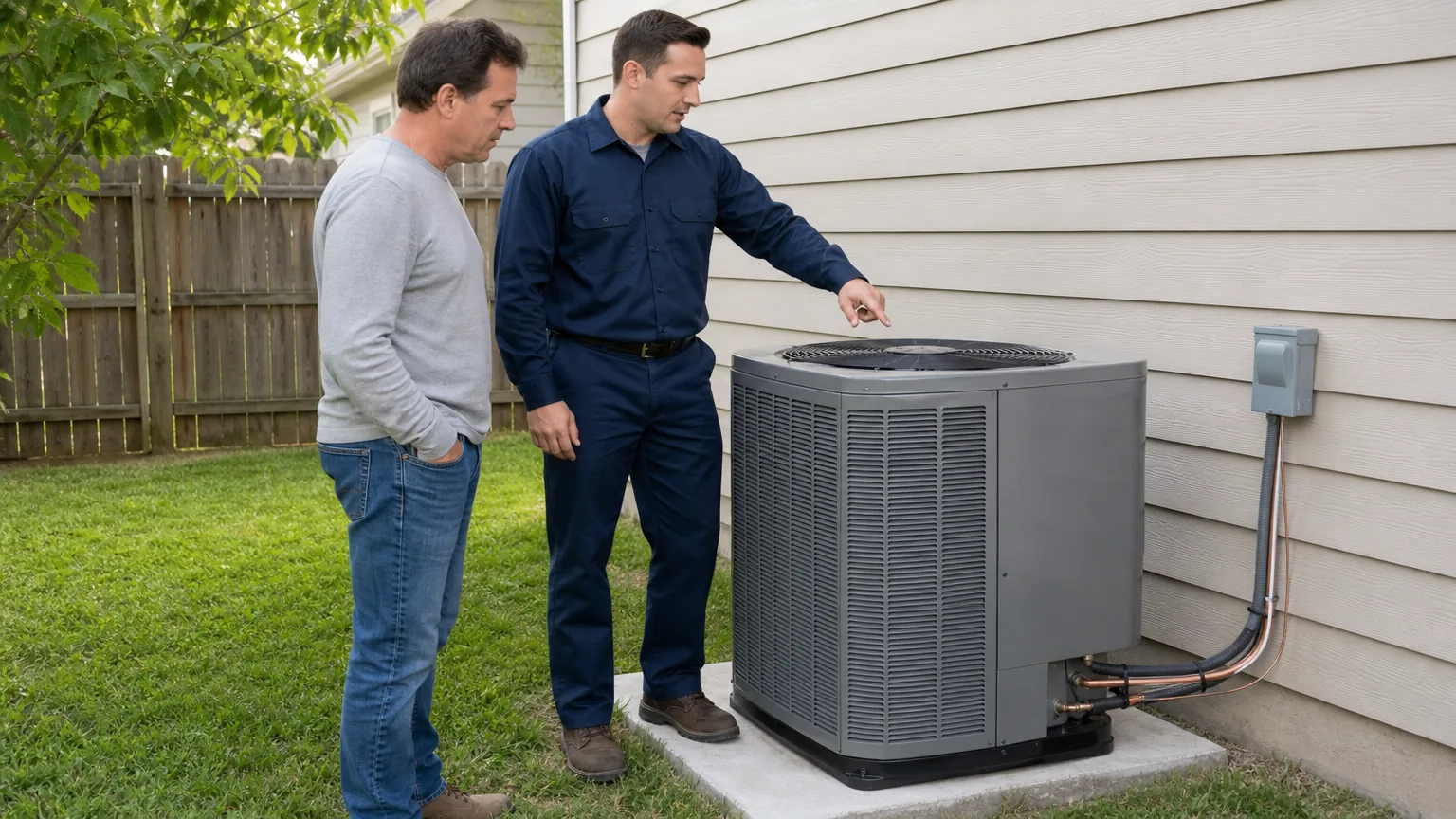 Technician and homeowner talking beside an outdoor condenser unit