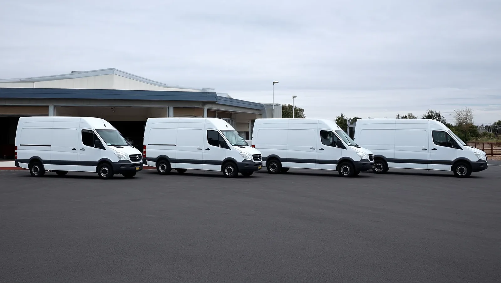 Four plain white work vans parked in a row