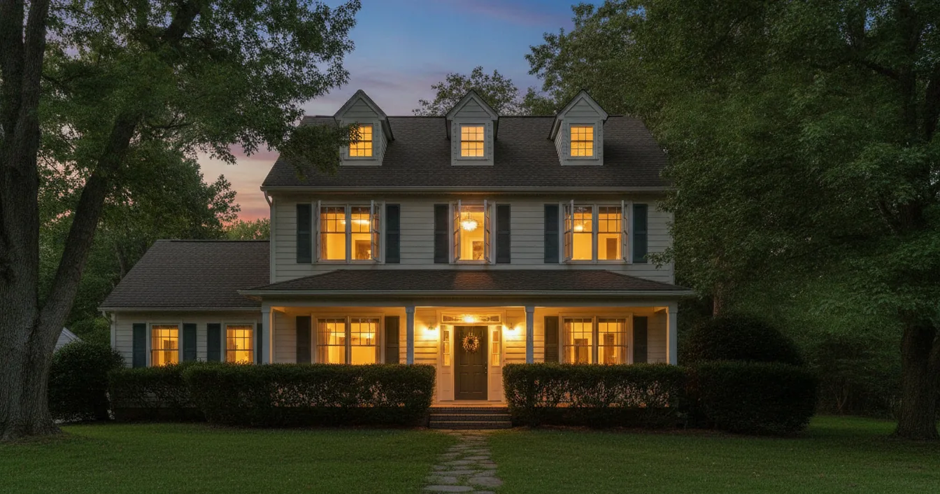 Two-story house at dusk with open windows lit from inside