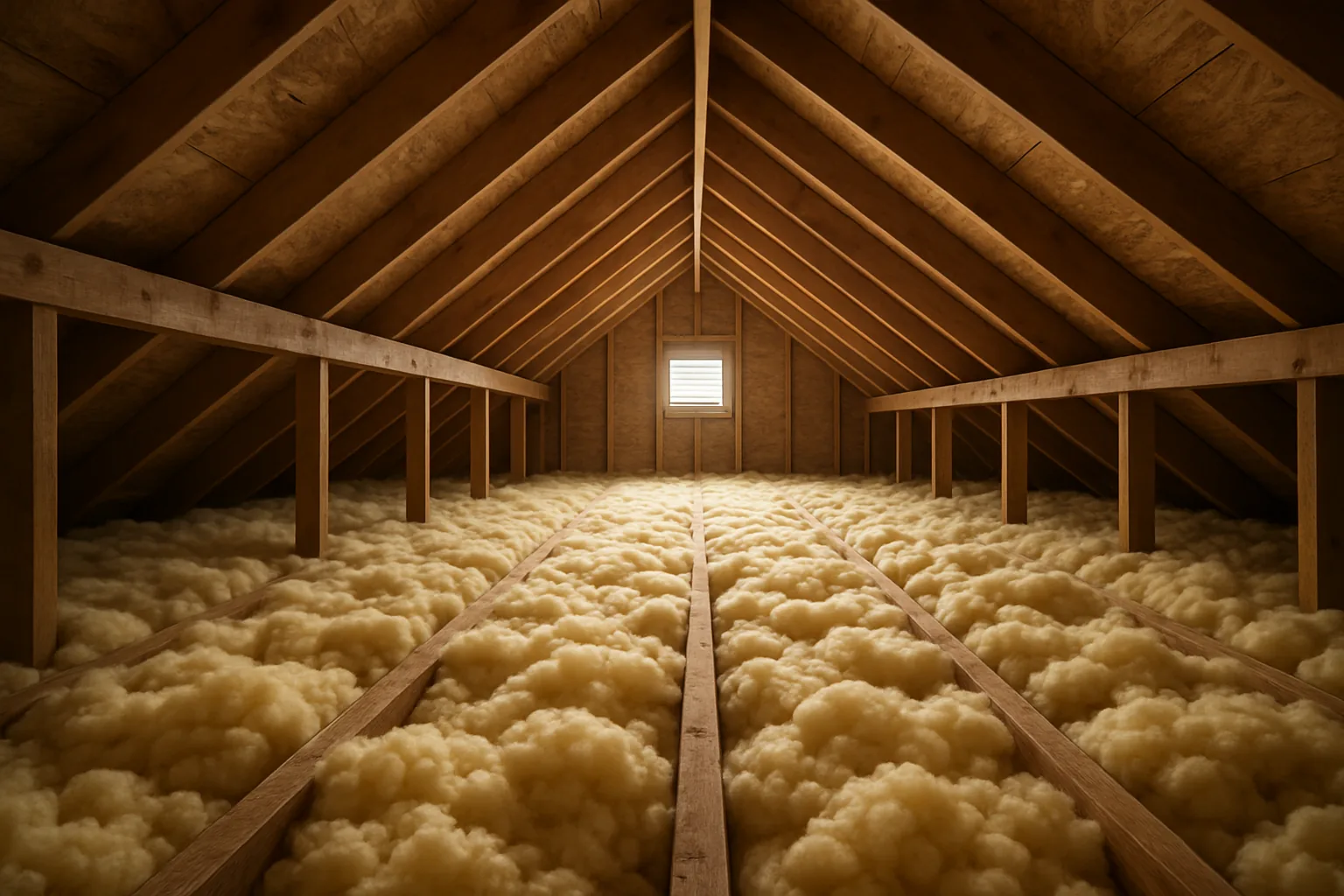 Loose-fill fiberglass insulation between wooden ceiling joists in a residential attic, with daylight from a gable vent.