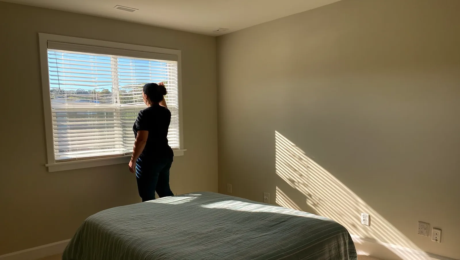 A homeowner closing white window blinds against bright afternoon sun in a warm upstairs bedroom.
