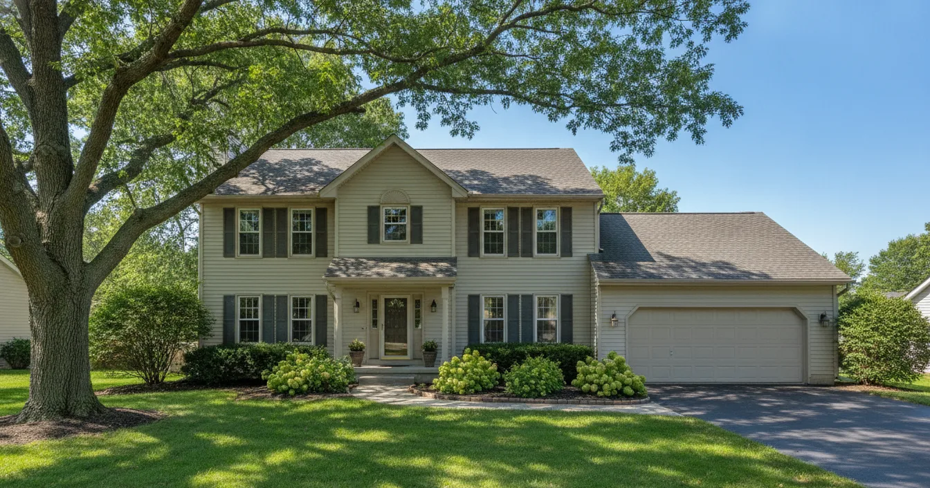 A two-story suburban house under strong afternoon summer sun, with shade falling only across the ground floor and yard.