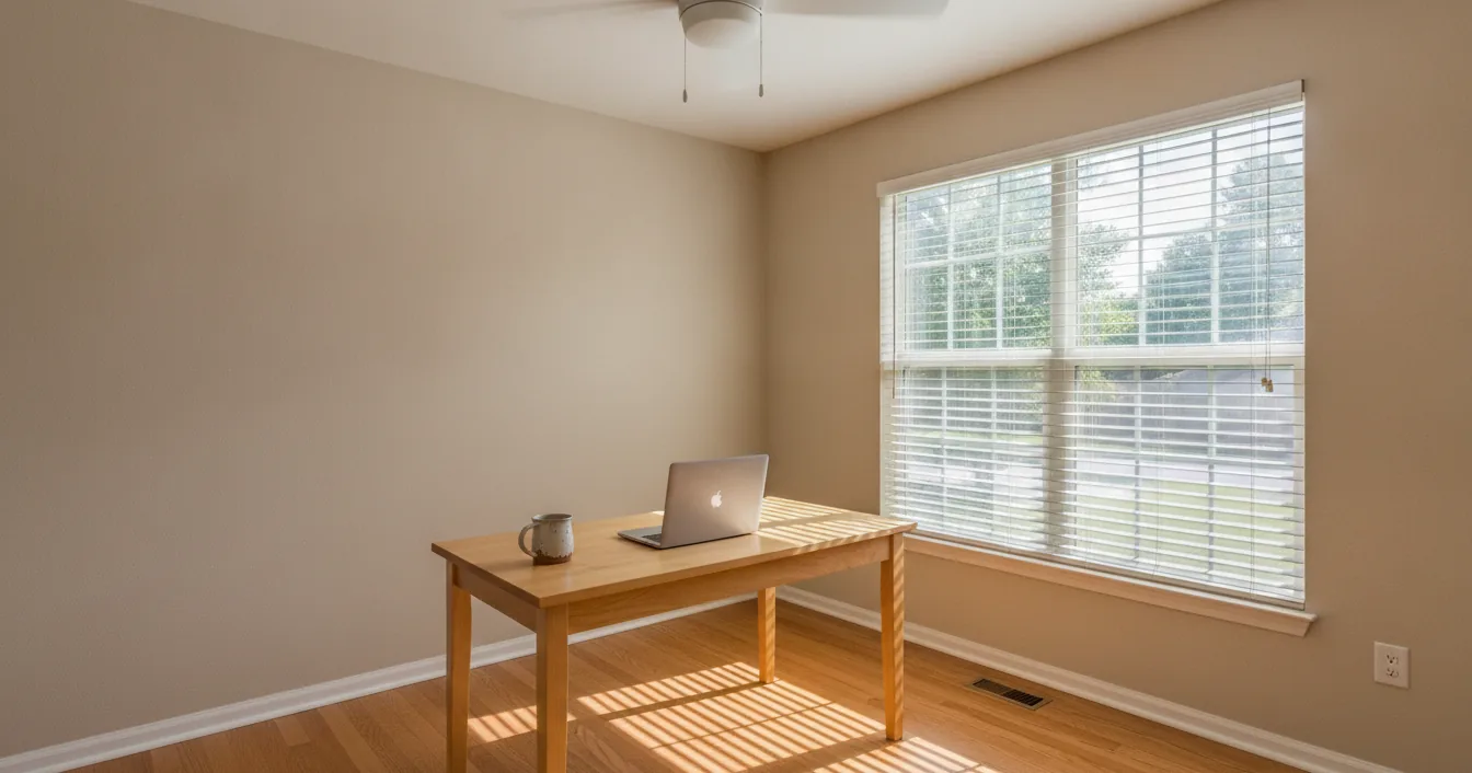 A sunlit home office with a wooden desk, a closed laptop, and half-drawn white blinds casting striped shadows across the floor.