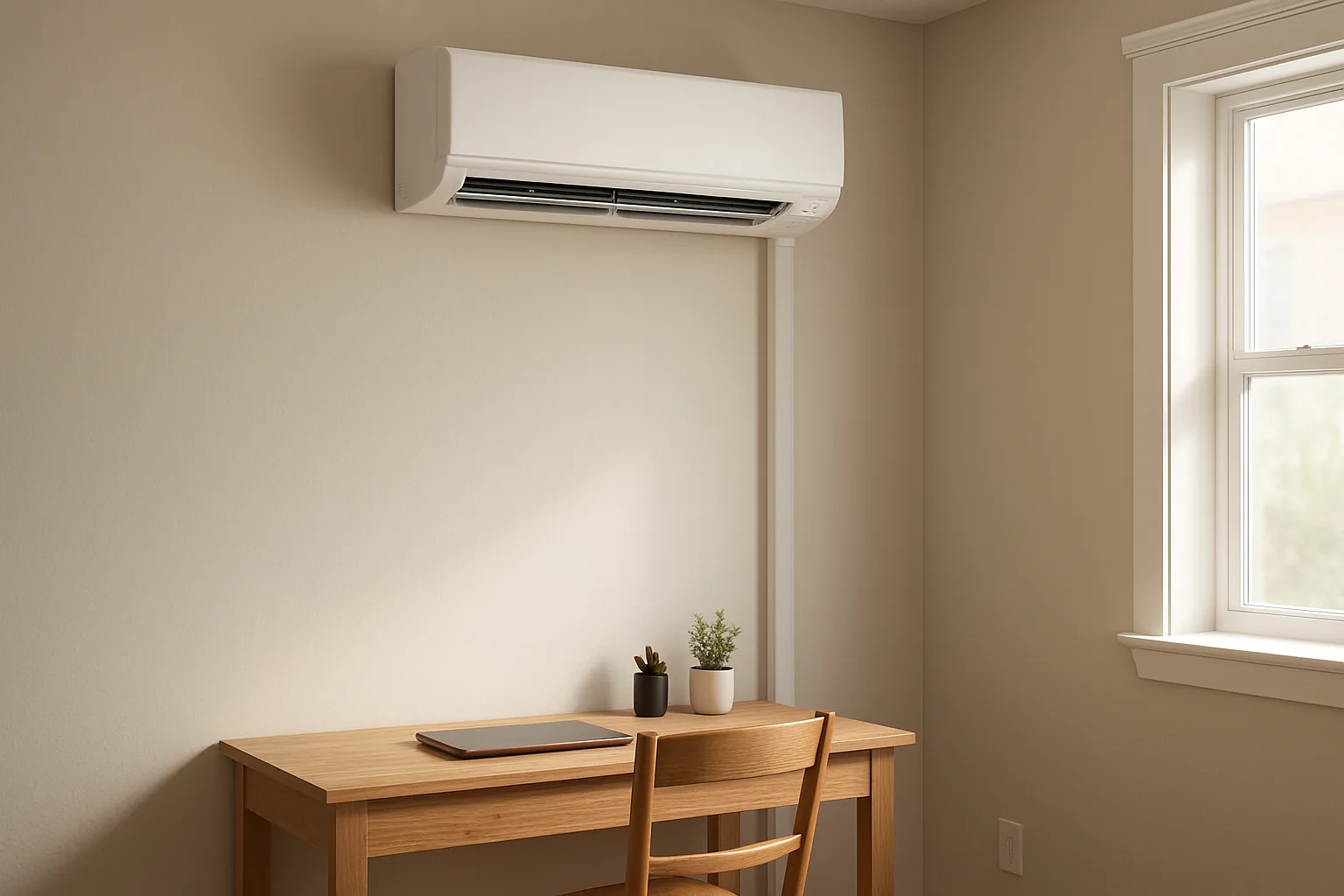 A slim white ductless mini-split indoor head mounted high on the wall of a home office above a wooden desk, with a line-set cover running down the wall.