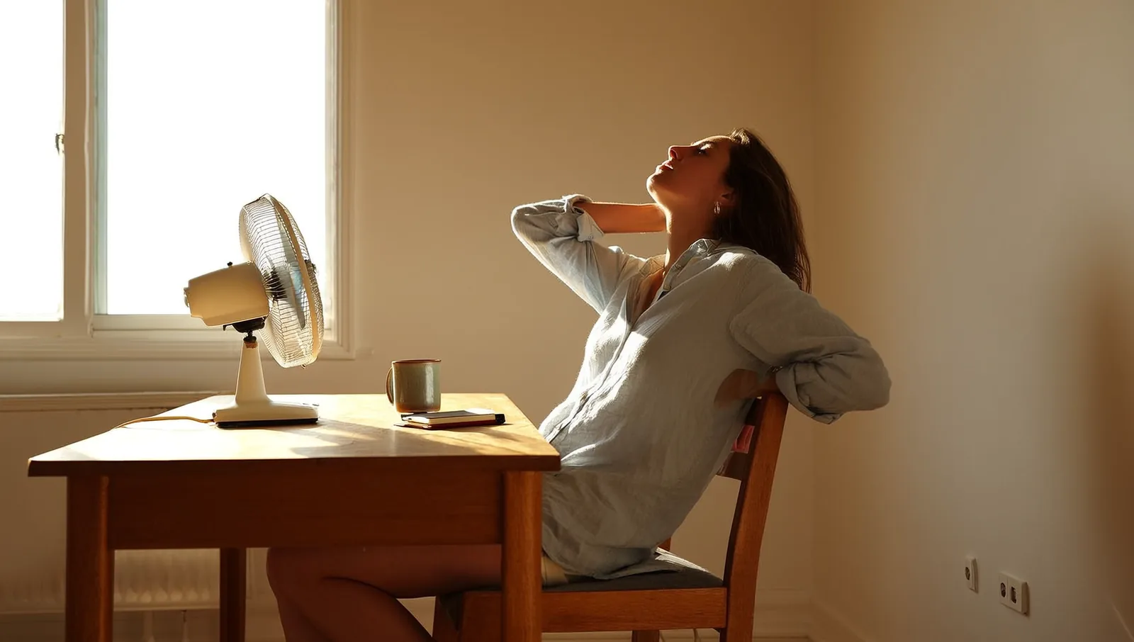 A woman leaning back at a wooden desk in a warm, sunlit home office with a small desk fan turned toward her.